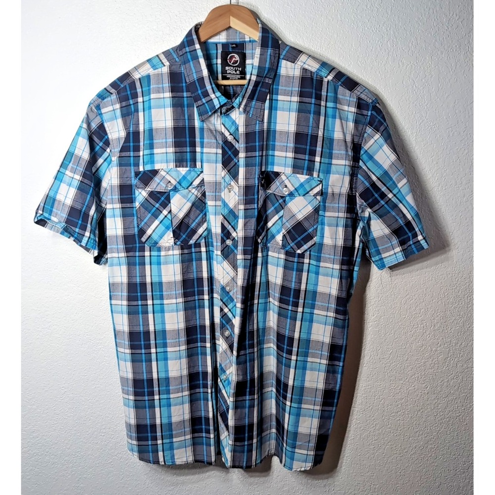 South Pole 5x Men's Plaid Short Sleeve Shirt Blue on Blue Plaid Streetwear Vibe